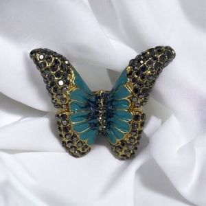 Butterfly Rhinestone Ring Gold Tone Blue Fashion Jewelry Faux Turquoise